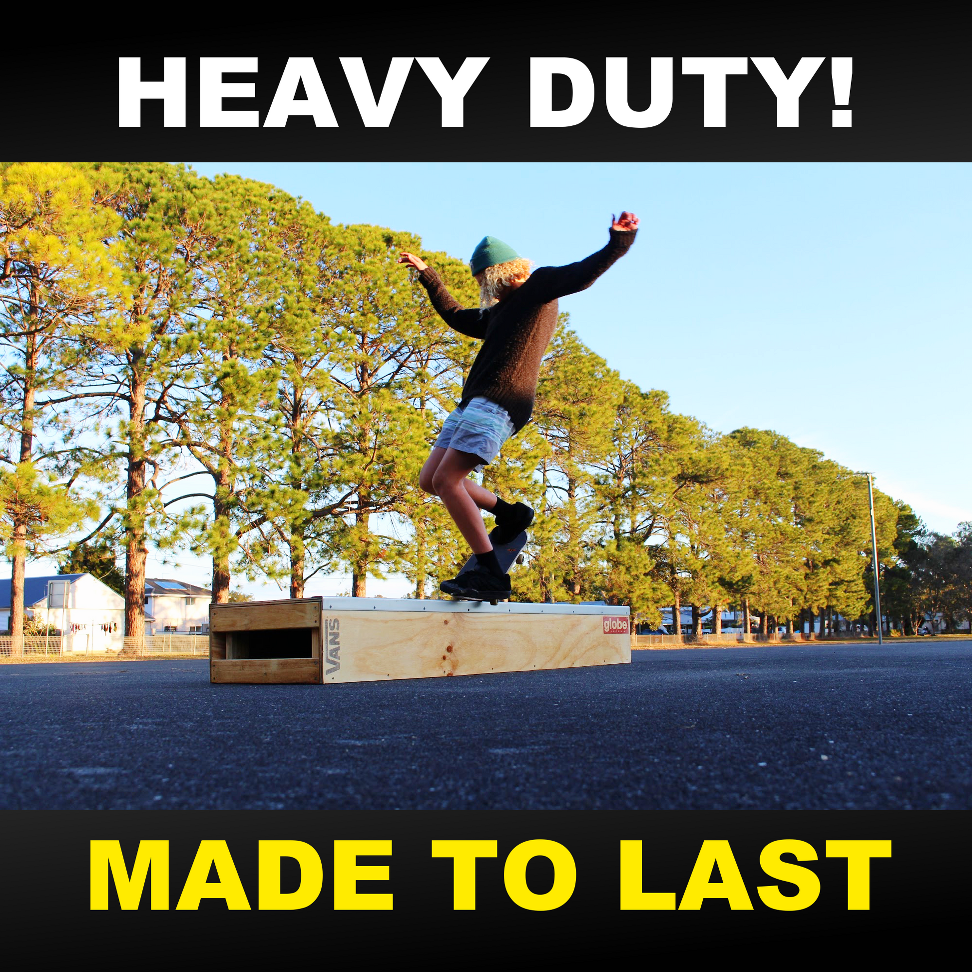 Image of a skater on the grind box